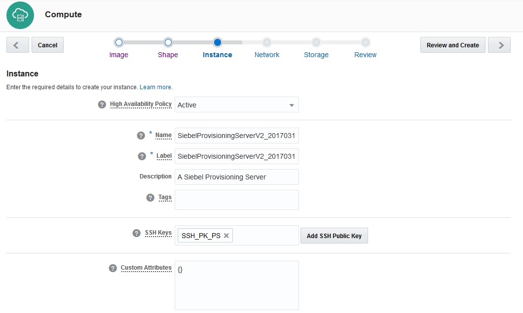 Create Instance, Storage window