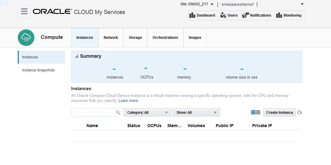 Portion of Create Instance, General window