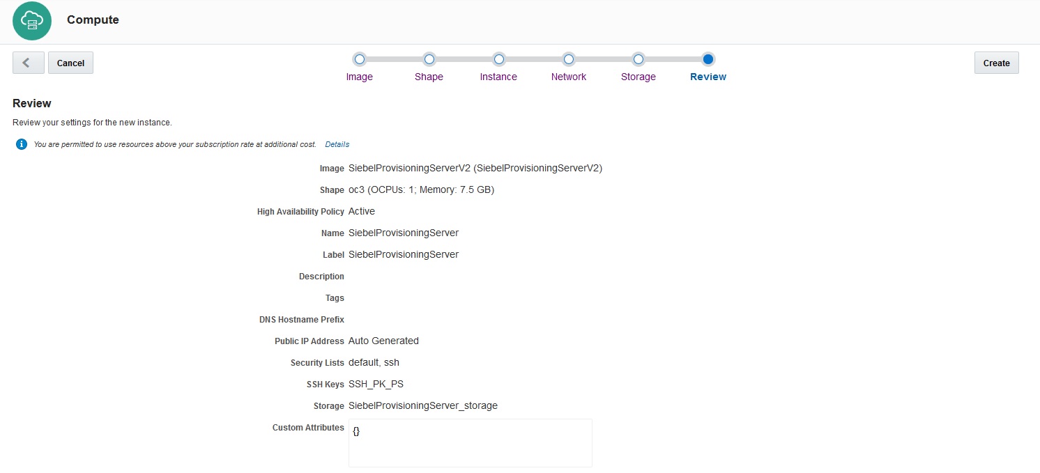 Create Instance, Review window