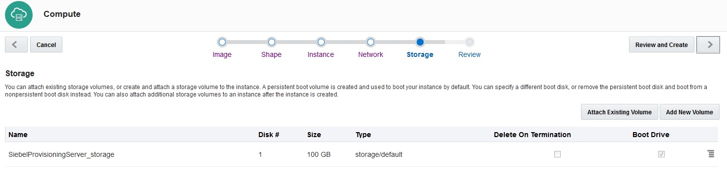 Create Instance, Storage window