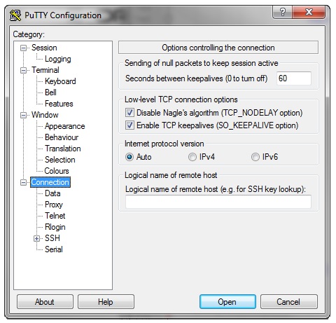 PuTTY Options controlling the connection page