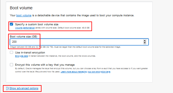 Create Compute Instance page, select Custom boot volume size