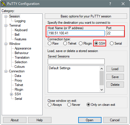 PuTTY Configuration dialog box, Basic options for your PuTTY session