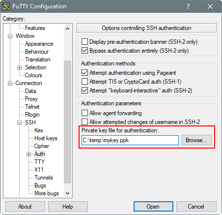 PuTTY Configuration dialog box, Options controlling SSH authentication