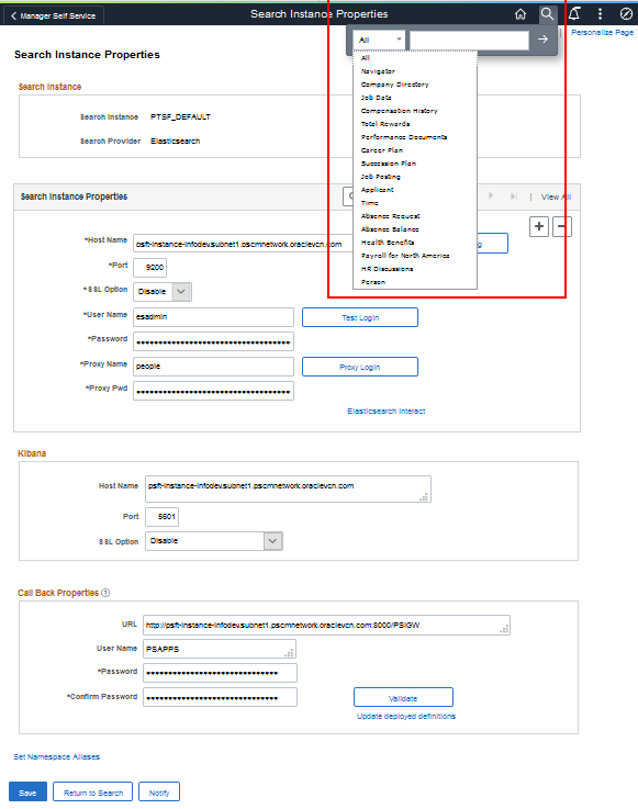 Search Instance Properties page with search box expanded