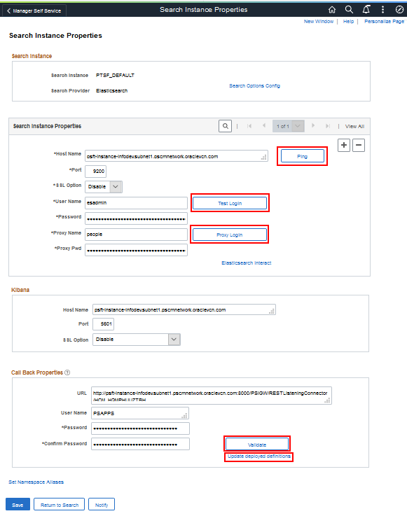 Search Instance Properties page