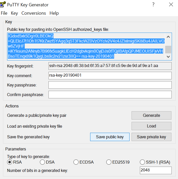 Generate SSH key pair on Windows, save public key.