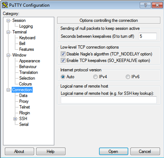 PuTTY Options controlling the connection page