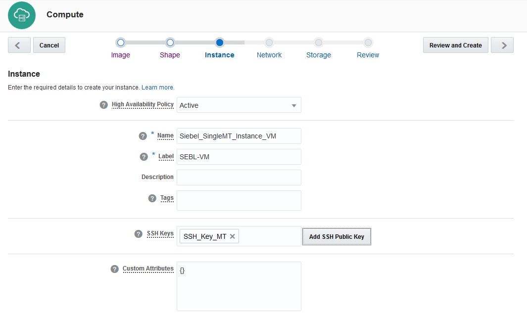 Create Instance, Storage window