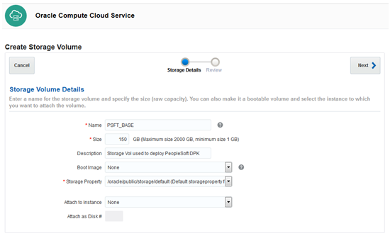 Create Storage Volume, Storage Volume Details windos