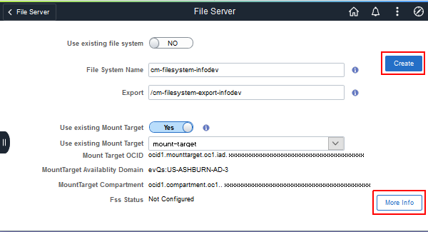 File Server page, set up a file system with an existing mount target