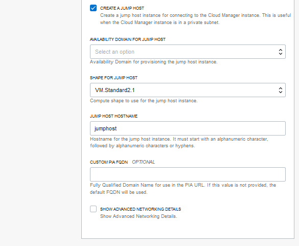 Configure Variables page, Create a Jump Host option