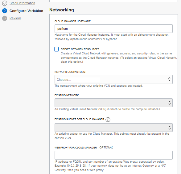 Configure Variables page, Networking section