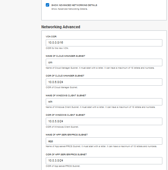 Configure Variables page, Show Advanced Networking Details