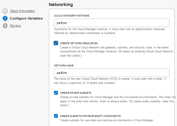 Configure Variables page, Networking section