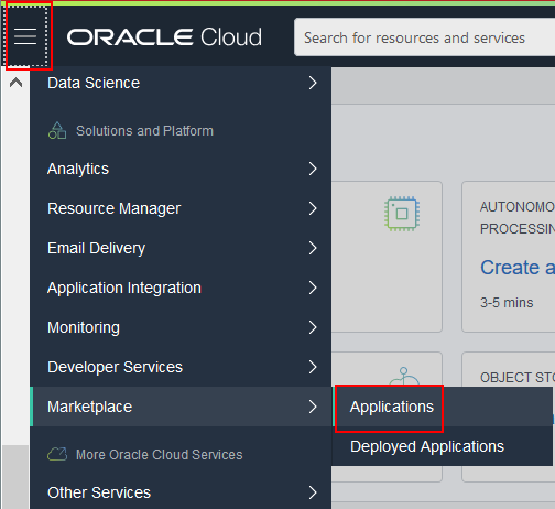Oracle Cloud Infrastructure Menu, Marketplace, Applications