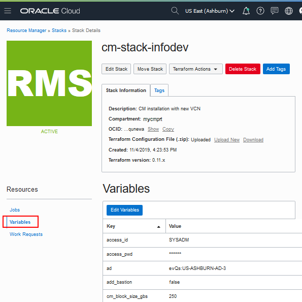 Resource Manager Stack Details page