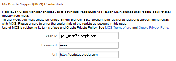My Oracle Support (MOS) Credentials section of Cloud Manger Settings page