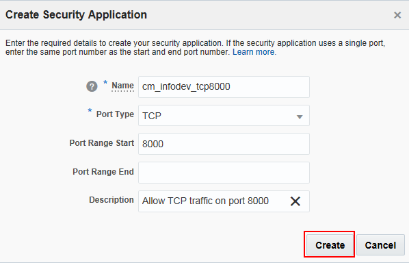 Create Secuity Application dialog box