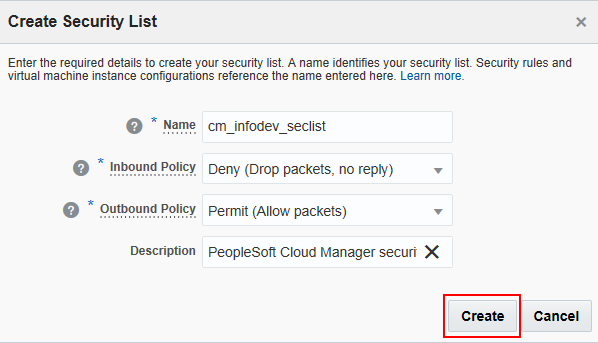 Create Security List dialog box