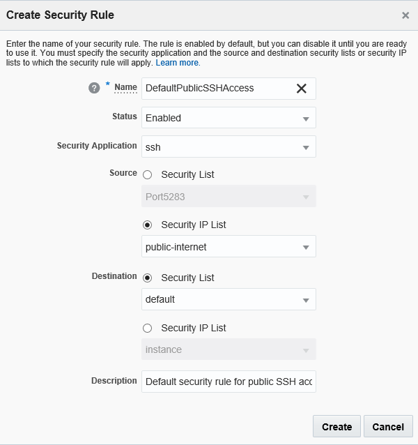 Create Security Rule dialog box