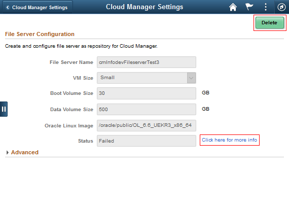 File Server Configuration page with failed file server