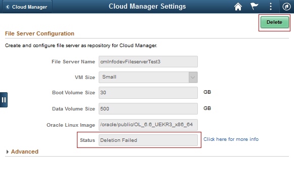 File Server Configuration page with Status Deletion Failed