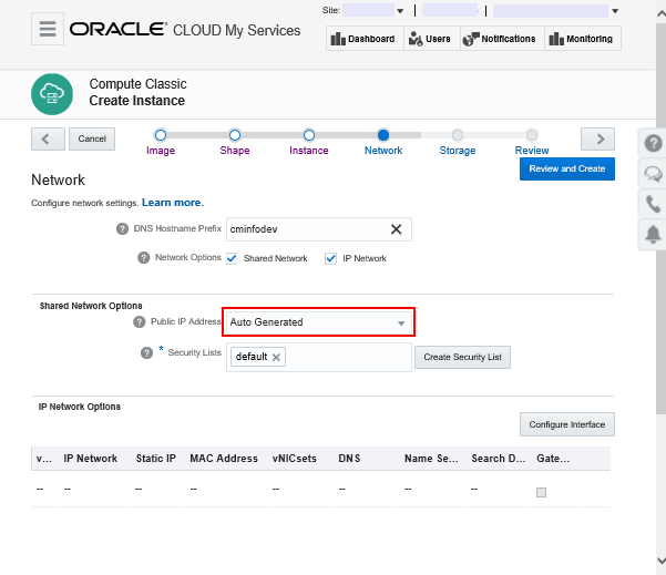Create Instance, Network page with Public IP Adress drop-down list