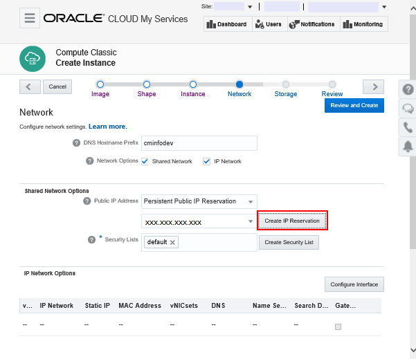 Create Instance, Network page, with Create IP Reservation button