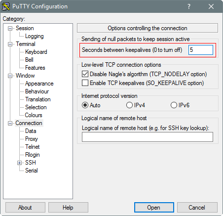 PuTTY Configuation dialog box, Options controlling the connection