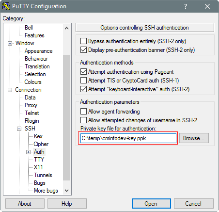 PuTTY Configuration dialog box, Options controlling SSH authentication