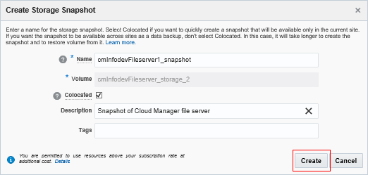 Create Storage Snapshot dialog box
