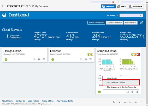 Oracle Cloud My Services Dashboard page with Cloud Services menu