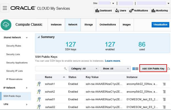 Oracle Compute Cloud Service Network page, SSH Public Keys