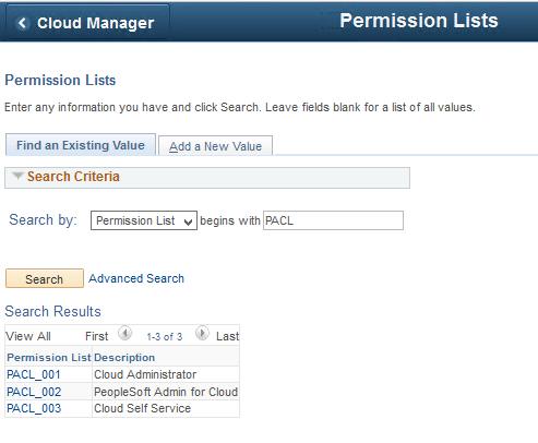 Cloud Manager Permission Lists page