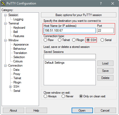 PuTTY Configuration dialog box, Basic options for your PuTTY session