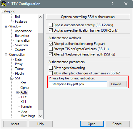 PuTTY Configuration dialog box, Options controlling SSH authentication