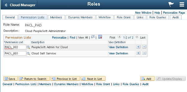 Cloud PeopleSoft Administrator permission lists