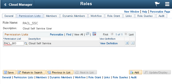 Cloud Self Service User permission lists