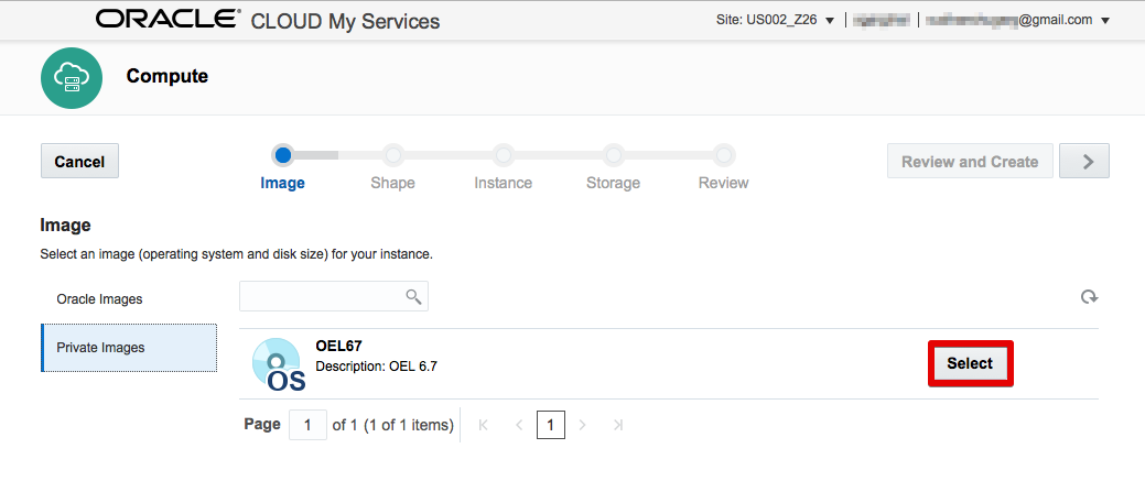 Create Instance Wizard Images page