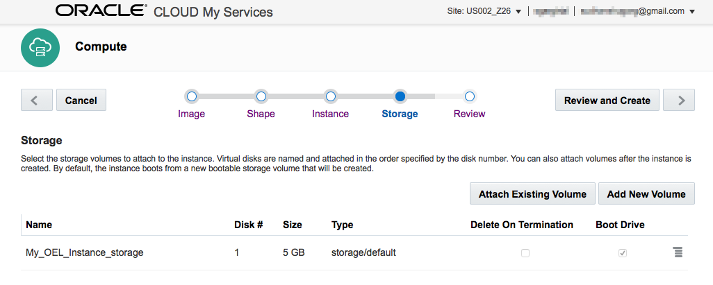 Create Instance Wizard Storage page