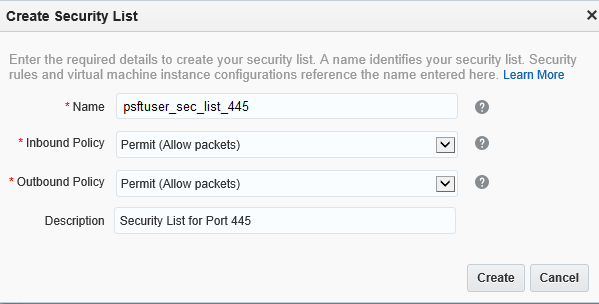 Create Security List window for Port 445