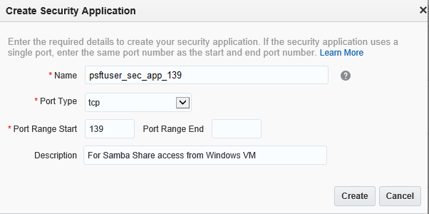 Create Security Application page for Port 139