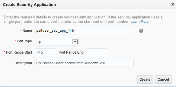 Create Security Application page for Port 445