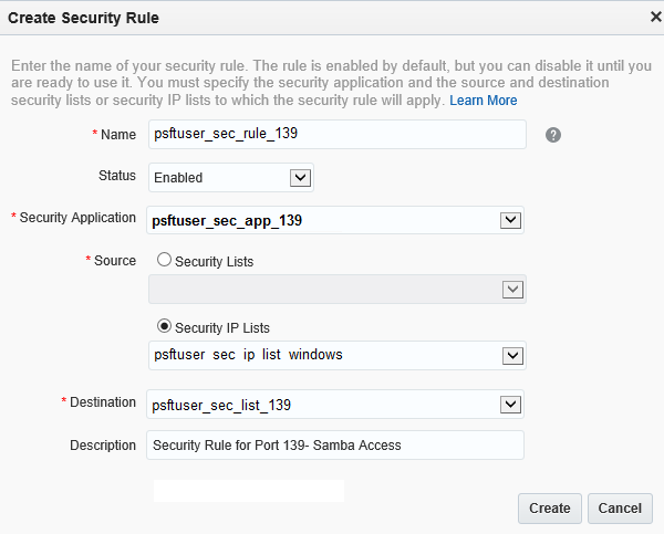 Create Security Rule window for Port 139