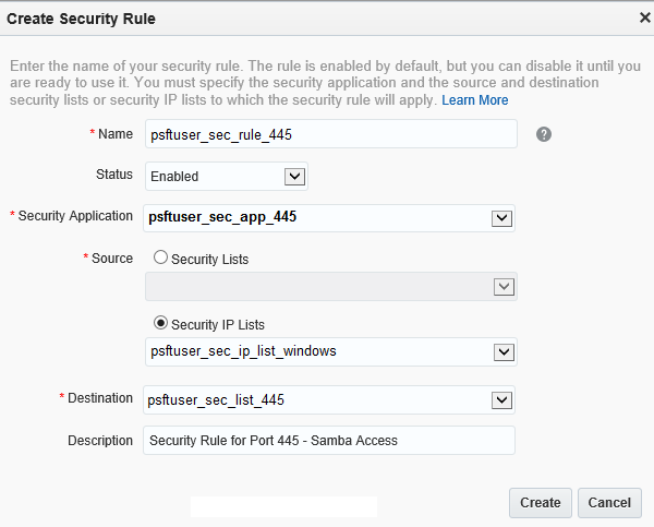 Create Security Rule window for Port 445