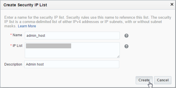 Create Security IP List dialog box
