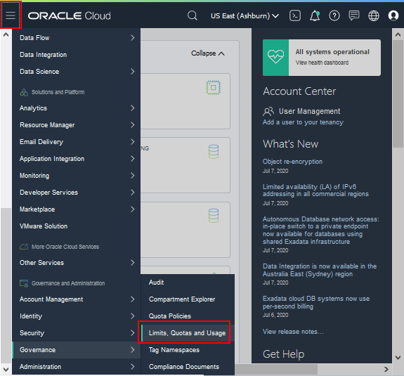 Select Limits, Quotas and Usage on the Oracle Cloud Infrastructure menu
