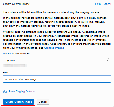 Create Custom Image dialog box