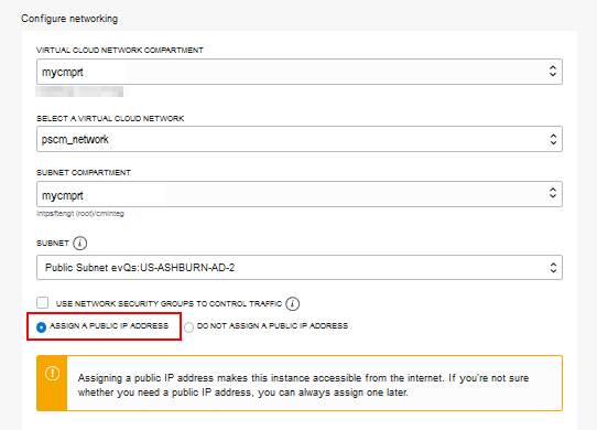 Create Compute Instance page, select VCN